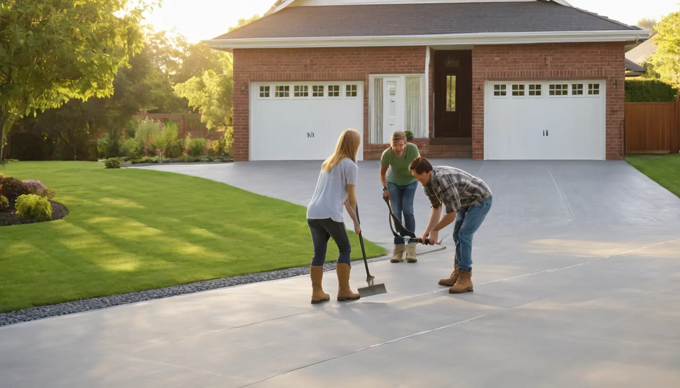 A freshly poured concrete driveway beside a brick home in Lovejoy